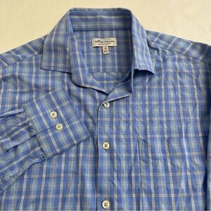 Peter Millar Summer Comfort Shirt Sporty Long Sleeve Blue Plaid Men’s Medium
